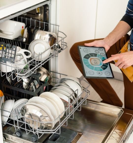 A man engages with a tablet while cleaning dishes in a dishwasher, illustrating appliance repair services in Chicago, IL.